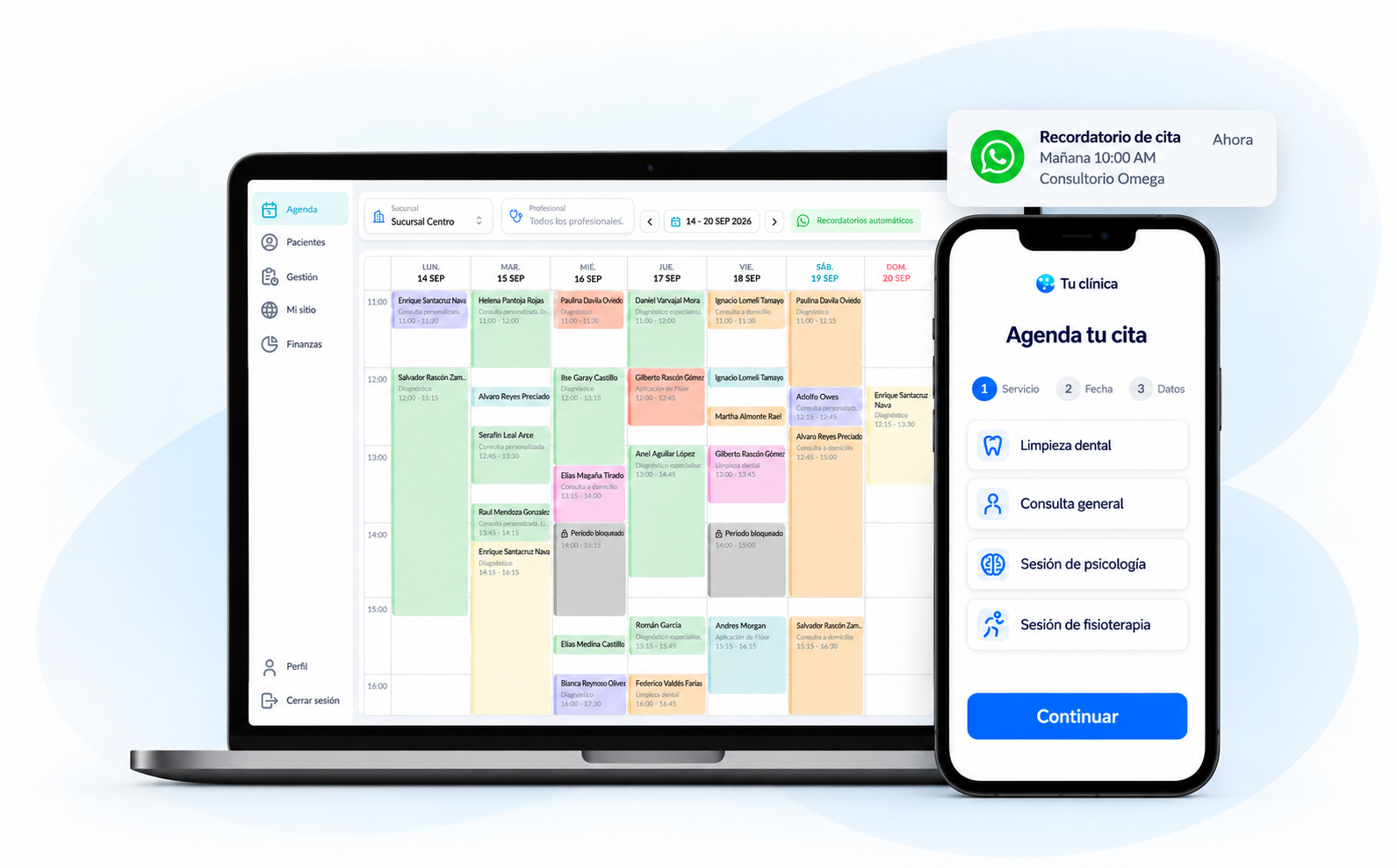 Agenda de ClinicNet en laptop y agendamiento de citas en celular, con servicios de odontología, medicina, psicología y fisioterapia y recordatorio de WhatsApp de Consultorio Omega.
