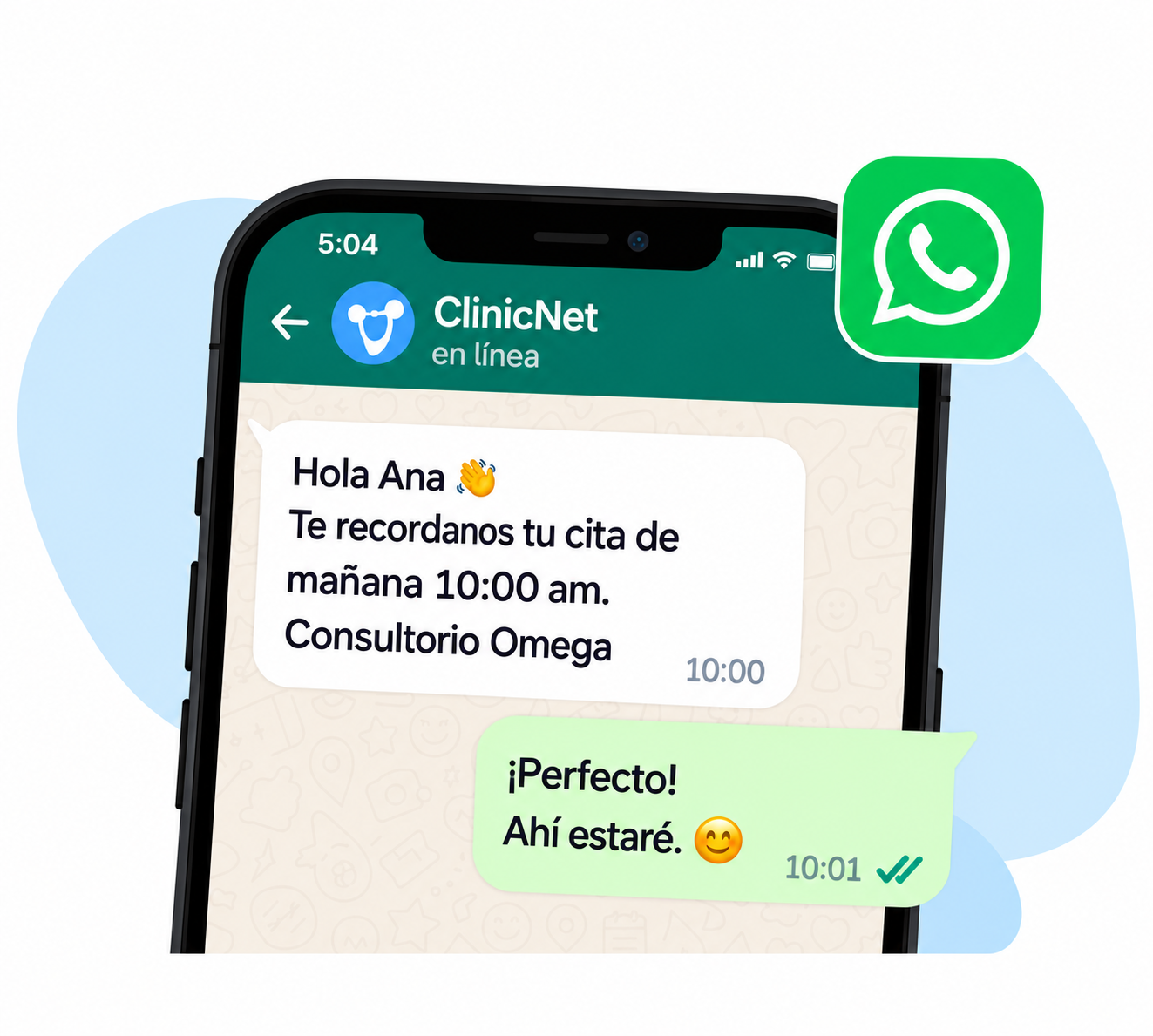 Recordatorio de WhatsApp de ClinicNet: Hola Ana, te recordamos tu cita de mañana a las 10:00 a. m. en Consultorio Omega. Respuesta: ¡Perfecto! Ahí estaré.